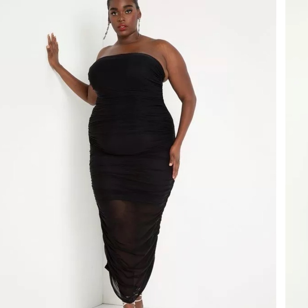 Eloquii Black‎ Strapless Ruched Mesh Midi Dress Size 24 NWT